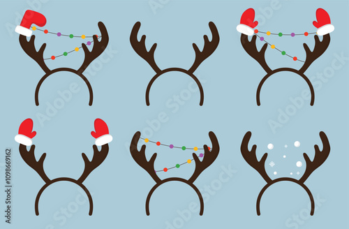 Set of hoops with reindeer antlers with shields, snow, a Christmas sock and mittens. Christmas hoops on blue background. Holiday hat for winter party. Vector elements eps. photo