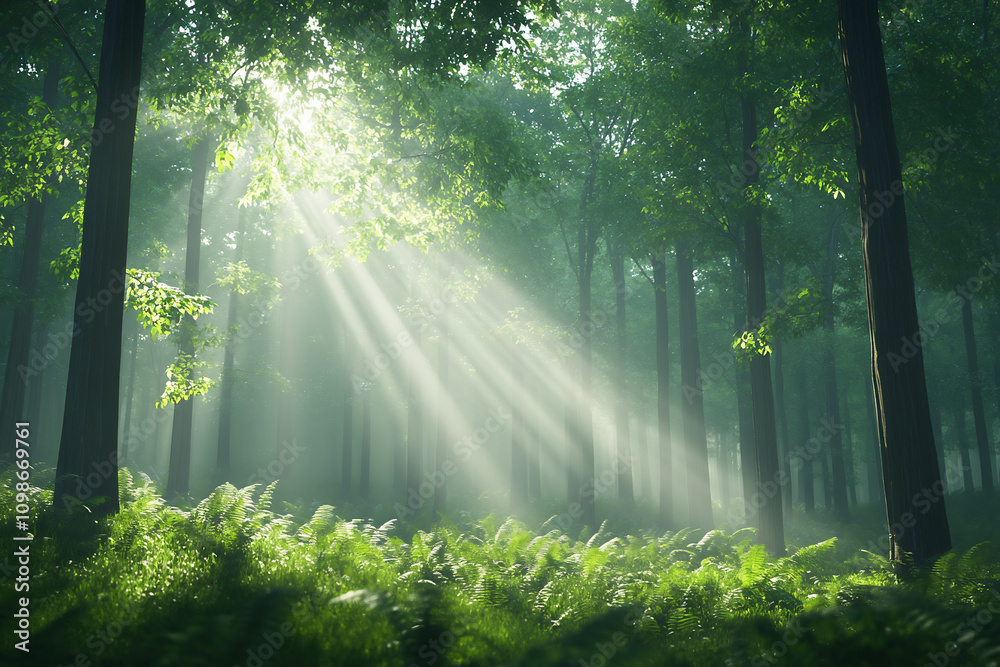 Obraz premium Serene Forest With Sunlight Streaming Through Tall Trees