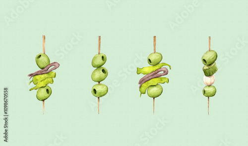 Ilustración de un pincho vasco llamado 'gilda'. Aperitivo con olivas, anchoa, encurtidos y guindilla. Típico español para la hora del vermut
 photo