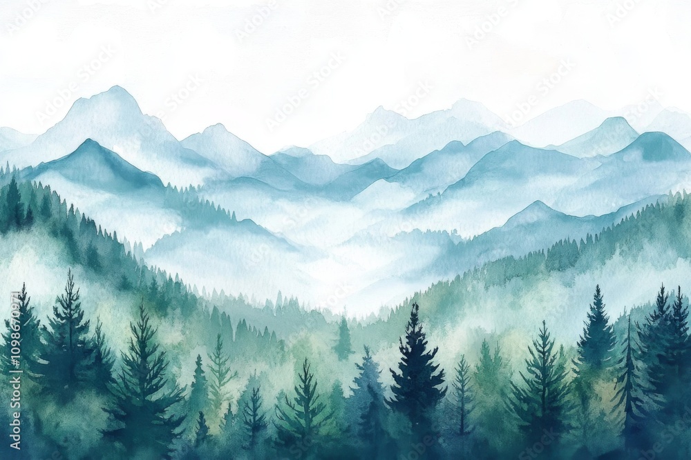 Fototapeta premium A mountain range with trees and a misty sky. The trees are green and the sky is blue