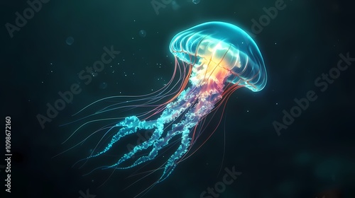 A single glowing jellyfish floating gracefully in the dark ocean waters.
