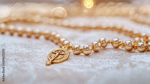 Golden Rosary with Marian Medallion on VelvetLined Altar photo