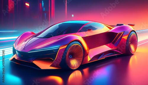 Sleek sports car in futuristic design with neon colors in front of a big city skyline