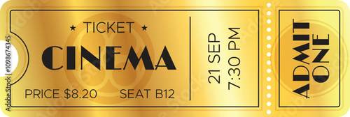 Golden cinema ticket for a movie screening on september 21st at 7,30 pm, seat b12, price 8.20, featuring a vintage design with admit one and film reel icon