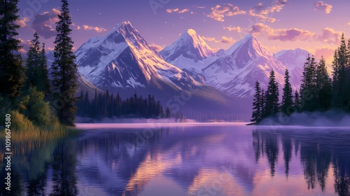 A serene mountain landscape at dawn with snow-capped peaks and gentle breezes