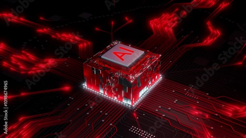 Advanced Microprocessor Connecting with the Motherboard and activates entire system with AI acceleration and Glowing Red color. Power Spreading after the AI chip connected to the Motherboard Concept.