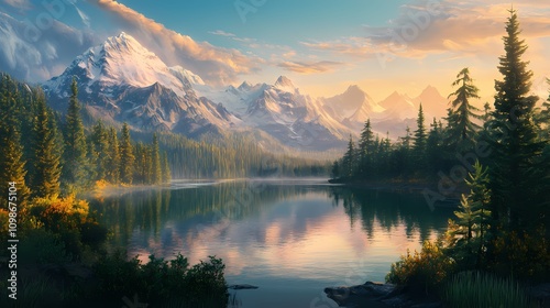 A serene mountain landscape at dawn with snow-capped peaks and clear skies