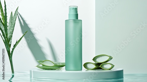 Aloe Click: A mint green color, a fresh and crisp image of an infant's skin care product with slices of aloe vera on the side. The background is white