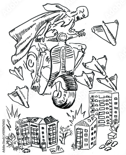 Death on a scooter bombs residential buildings. Illustration of Russian bombing of civilian infrastructure in Ukraine.