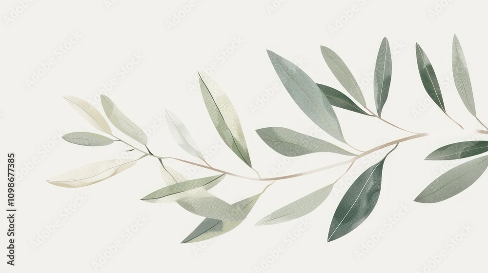 Obraz premium A single olive branch with green leaves against a white background.
