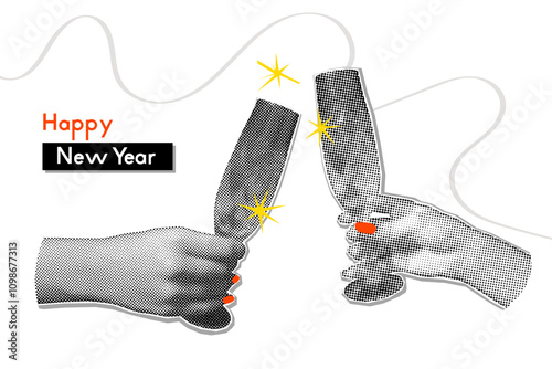 Christmas banner template with halftone hand holding champagne flute glass art collage. Cut out paper modern retro New year vector illustration