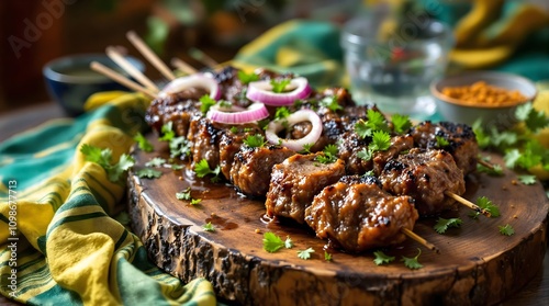 Juicy Jigar Kebab on Skewers Garnished with Onion and Cilantro (Uzbekistan Cuisine) photo