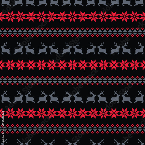 Christmas Sweater Pattern Design Seamless Pixel Art background. Nordic Xmas style Rows of Reindeer, Snowflakes, Stars, Holly Berries, and trees on a black Background, with Red and Gray knit details