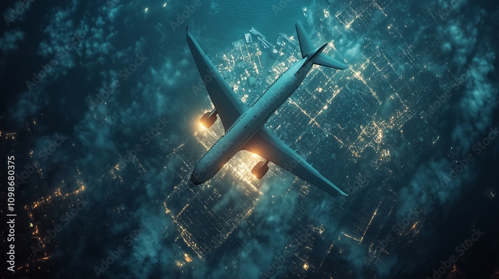 Fototapeta premium Aerial view of an airplane flying over the deep ocean
