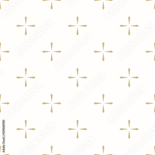 Subtle golden vector seamless pattern with small shiny star shapes, crosses. Simple minimalist geometric background. Abstract minimal white and gold texture. Luxury repeated design for decor, cover