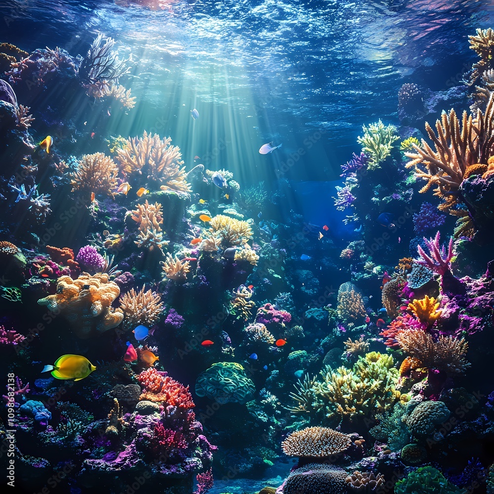 Naklejka premium A majestic underwater coral reef teeming with colorful fish and corals