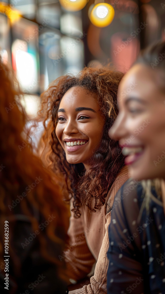 Obraz premium Woman Laughing with Friends in a Vibrant Setting