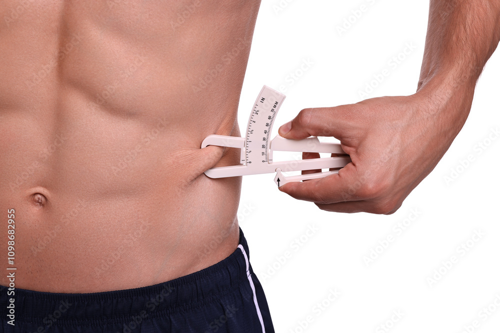 Naklejka premium Man measuring body fat with caliper on white background, closeup