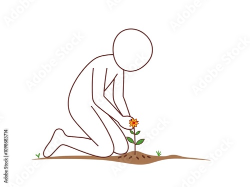 minimalist vector figure kneeling and planting a small flower in the ground.