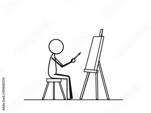  minimalist vector stick figure sitting in front of an easel and painting with a brush