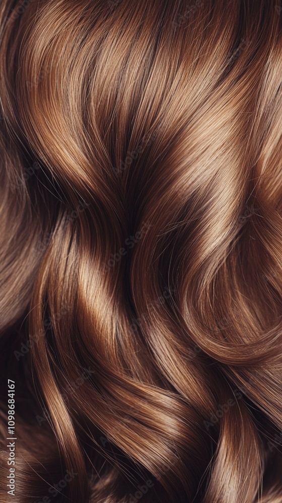 Naklejka premium Luxurious waves of multi-toned brunette hair cascade in a glossy display, showcasing a perfect blend of caramel highlights and rich chocolate lowlights.