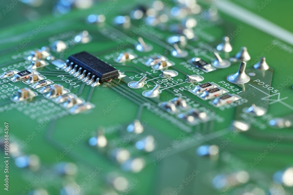 Obraz premium Computer circuit board, macro view. Electronic engineering