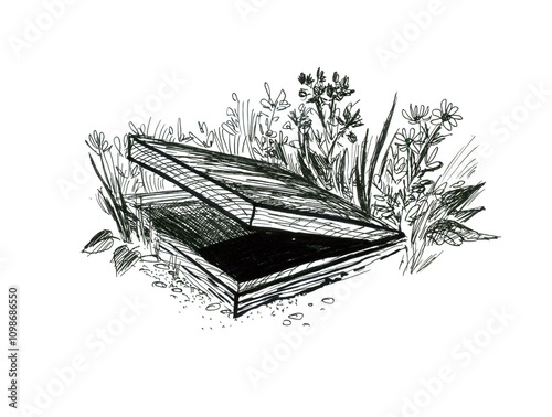 A graphic image of a half-open wooden lid of an underground cellar.. Black and white vintage sketch. Hand drawn vintage cellar isolated. Sketch vector illustration drawn in engraving style