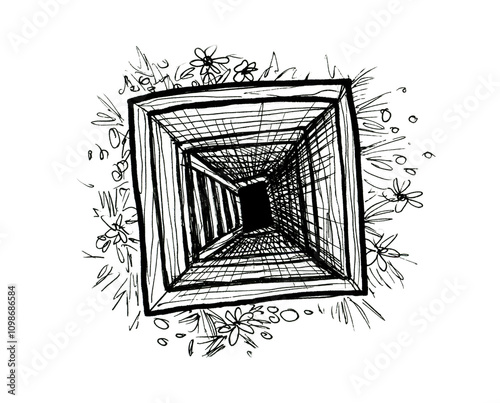 Graphic image of an underground cellar, top view. A black and white sketch.