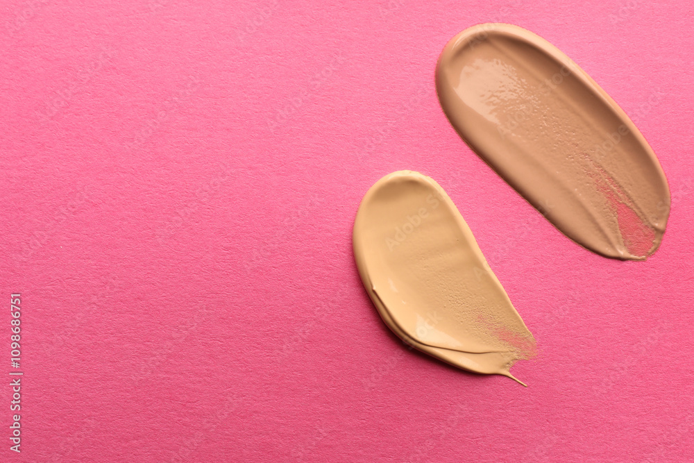 Fototapeta premium Foundation on pink background, top view with space for text. Smears of cosmetic product