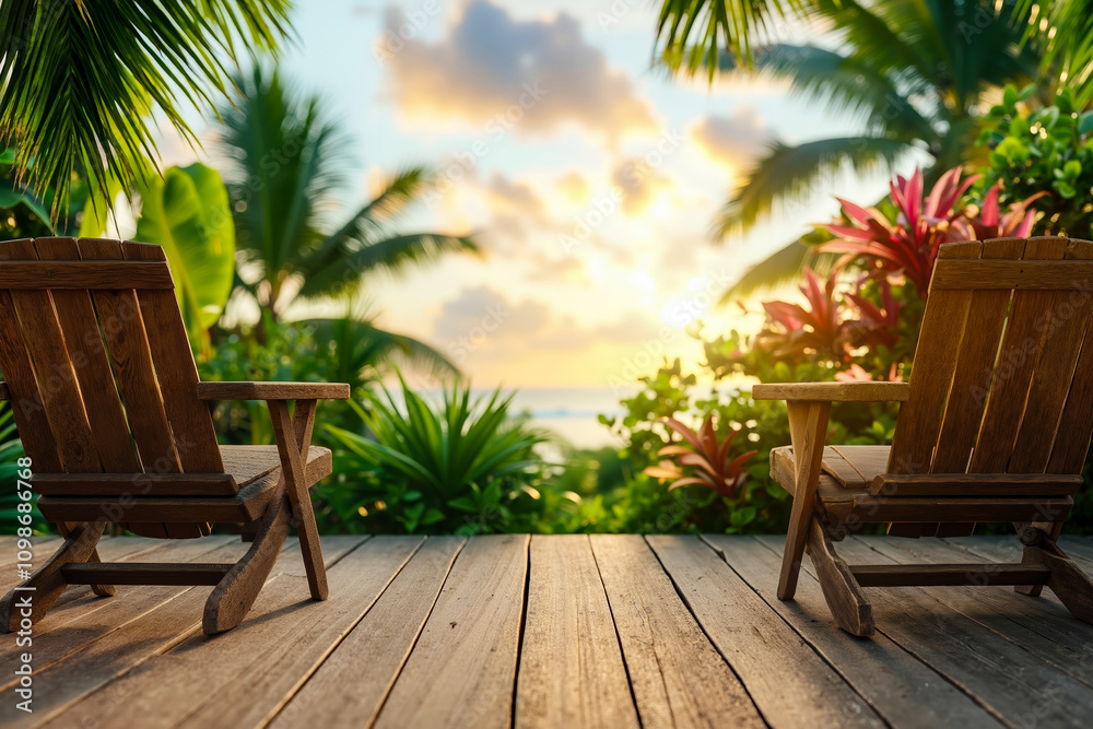 Fototapeta premium Two wooden chairs sitting on a wooden deck overlooking the ocean