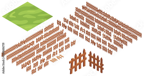 Isometric 3d wooden fence set. Collection of cartoon long and short walls made of wooden boards and planks isolated on white background. Broken and good wood barriers vector illustration