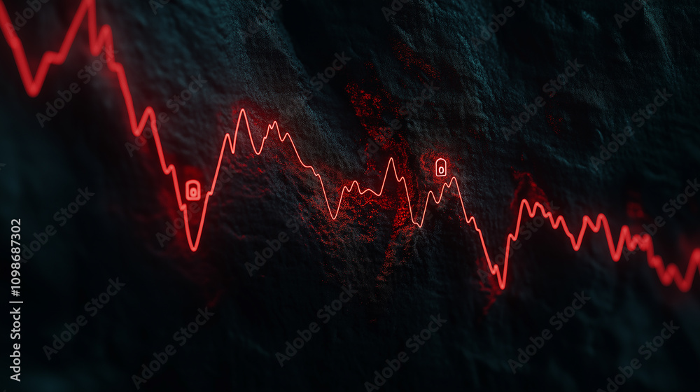 Fototapeta premium Digital heartbeat line on a dark screen with lock symbols on every peak and valley - Minimal and symbolic, low light