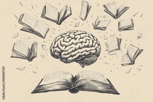 A brain is depicted at the center, surrounded by open books and flying pages, illustrating the connection between knowledge and learning. Generative AI photo