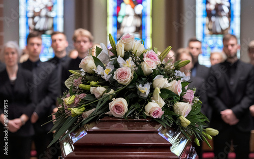 Solemn Farewell Scene with a Coffin Adorned with Flowers in a Hall with Stained Glass