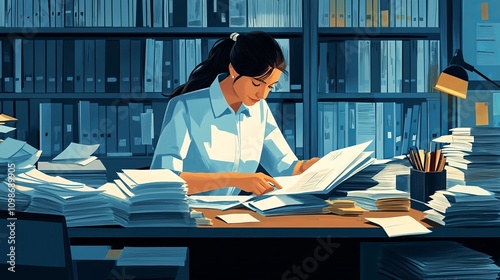 A businesswoman diligently manages documents, sifting through physical files to locate specific corporate records photo