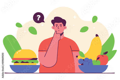 Guy chooses what to eat. Healthy food vs fast food concept illustration. Eating disorder