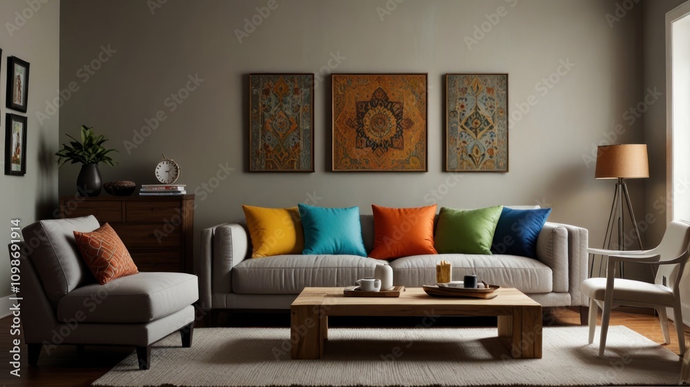 Fototapeta premium Cozy living room with sofa, colorful pillows, and artwork.