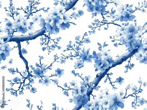 Motif répétitif de toile de Jouy champêtre en bleu : pour ce motif fleurs de cerisiers bleue avec branches délicates dans le vent