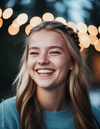 A cheerful Finnish girl with long hair and a bright smile. Scandinavian Caucasian European face. Expression of joy, cordiality and happiness. In background is evening park with luminous garlands. AI photo