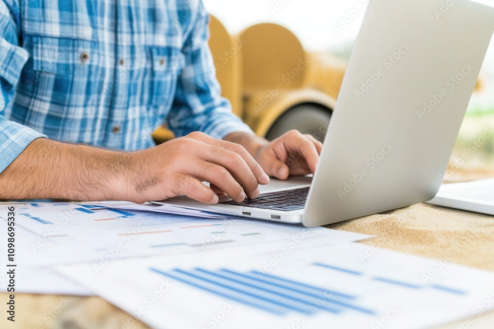 Fototapeta premium A Professional Engaged in Working on a Laptop with Financial Documents in an Outdoor Setting. A professional analyzing extensive data on a laptop, surrounded by documents in a construction setting