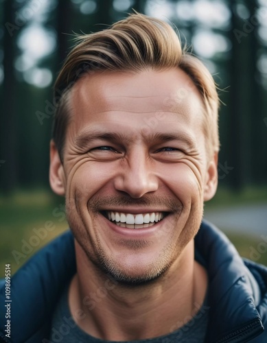 A cheerful Finnish man beams with a broad smile in a lush outdoor setting, capturing a moment of happiness and cultural connection amidst nature. Scandinavian Caucasian face type. Generative AI