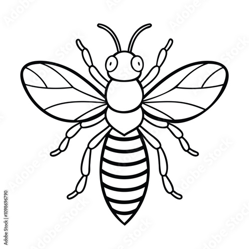 Black-and-white line art of a bee with striped abdomen, detailed wings, and simple lines. Suitable for coloring books, educational materials, or designs.