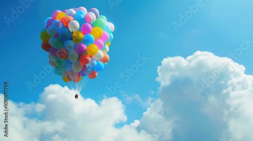 Colorful Balloon Bunch Soaring Through a Blue Sky