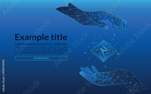 Polygonal style AI chip between human palms. Artificial intelligence technology background. Semiconductor or microchip protection. Electronic blue low poly wireframe vector illustration. 