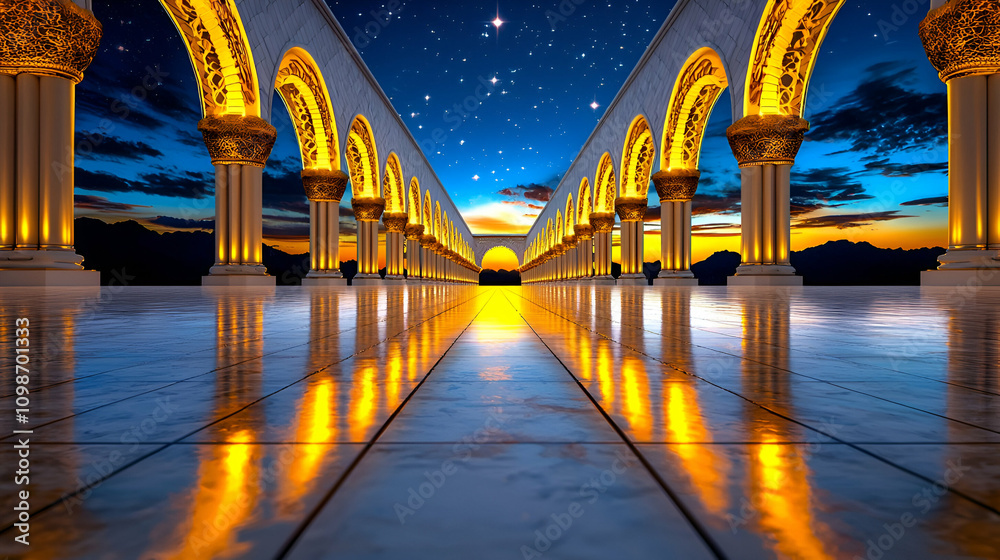 Obraz premium A stunning architectural corridor illuminated by golden arches, reflecting on a glossy floor under a starry sky at dusk.