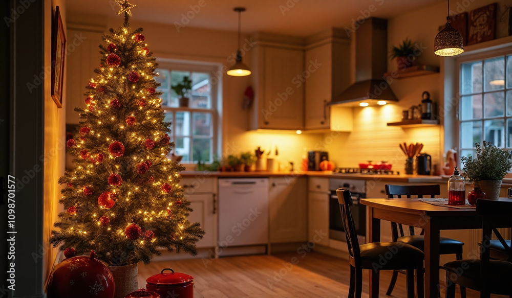 Fototapeta premium warm cozy atmosphere created festive kitchen scene featuring christmas tree twinkling lights