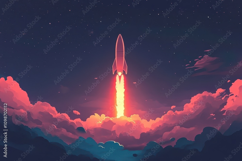 Fototapeta premium Rocket launches into the night sky, illuminating clouds with fiery exhaust