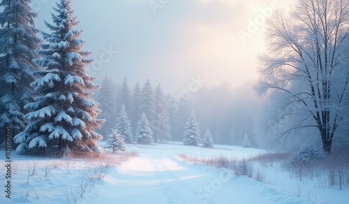 winter light features soft snowy scene muted blues whites serene christmas landscape view photo