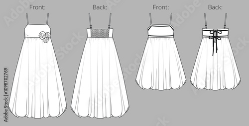 Vector midi bubble hem dress fashion CAD, balloon woman skirt with shoulder stripes, flowers detail sketch, template, flat, technical drawing. Woven fabric 2 pcs set of dress with front, back view