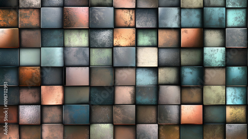 A softer textured abstract with a grid of squares in pastel and metallic tones, blending blue, beige, and copper for a modern industrial look. photo